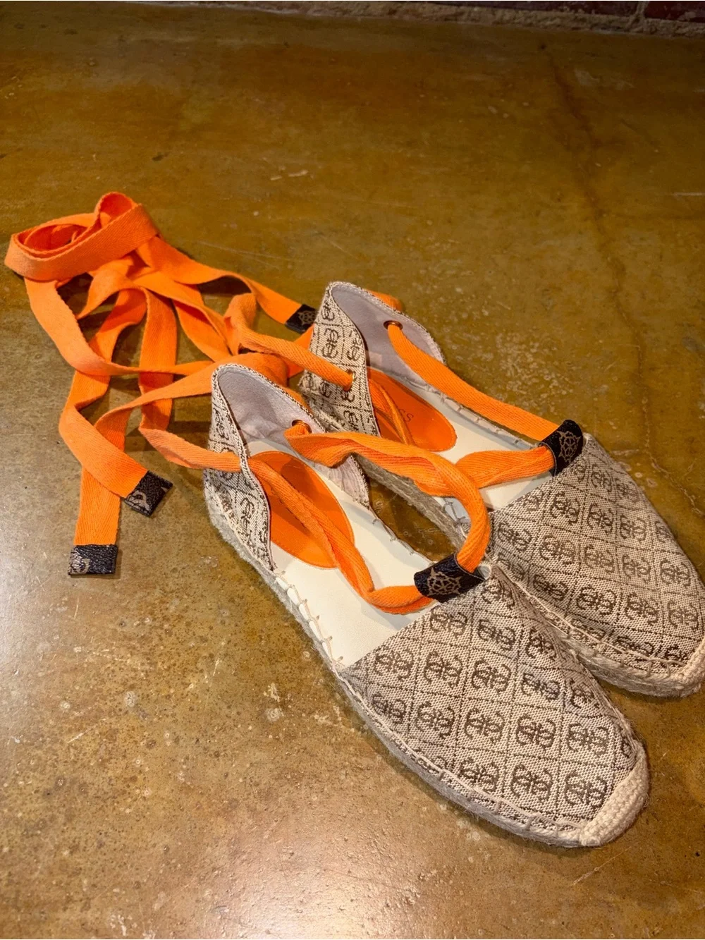 GUESS Beige Logo Espadrilles with Orange Tie Laces